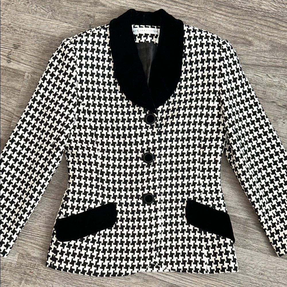 Paul Alexander Houndstooth Blazer Velvet Collar Wool Jacket Size 4 - Picture 2 of 8